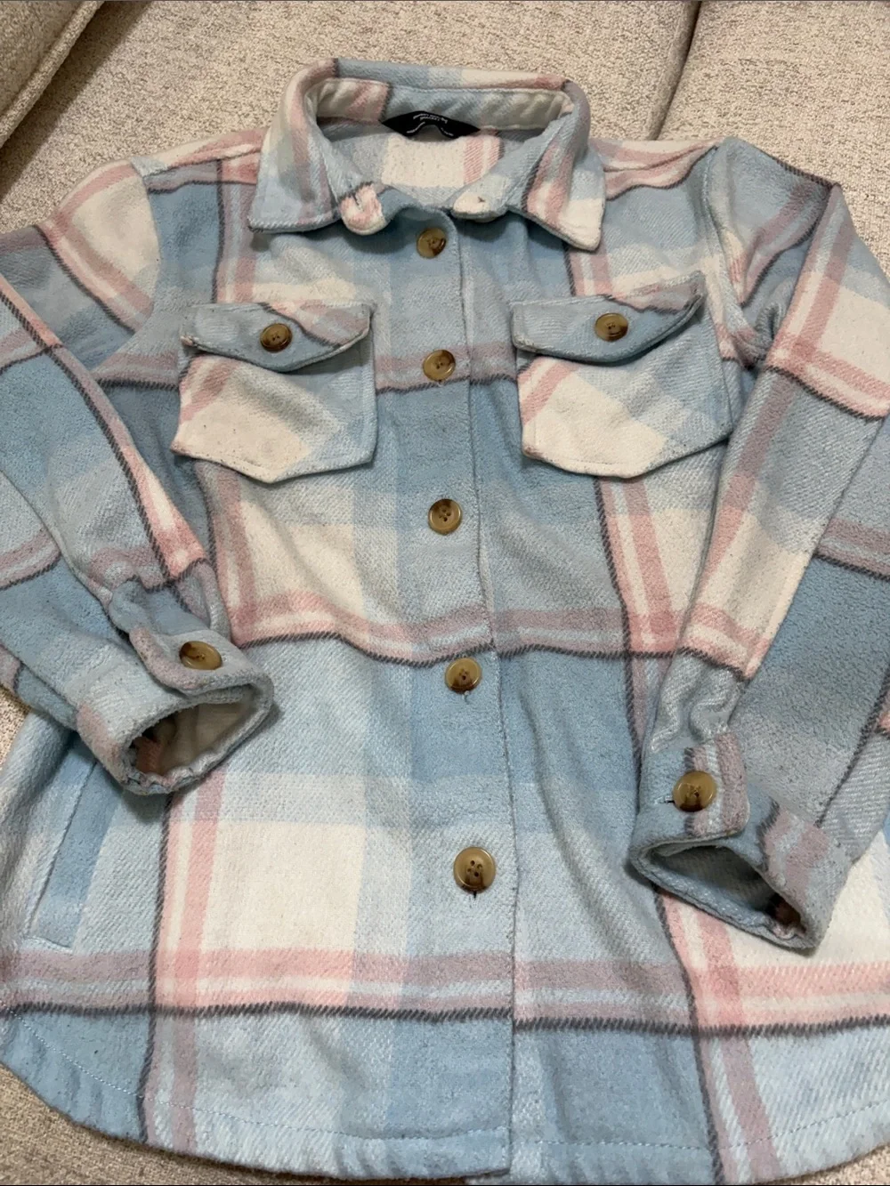 Girls' Pastel Blue & Pink Plaid Shacket